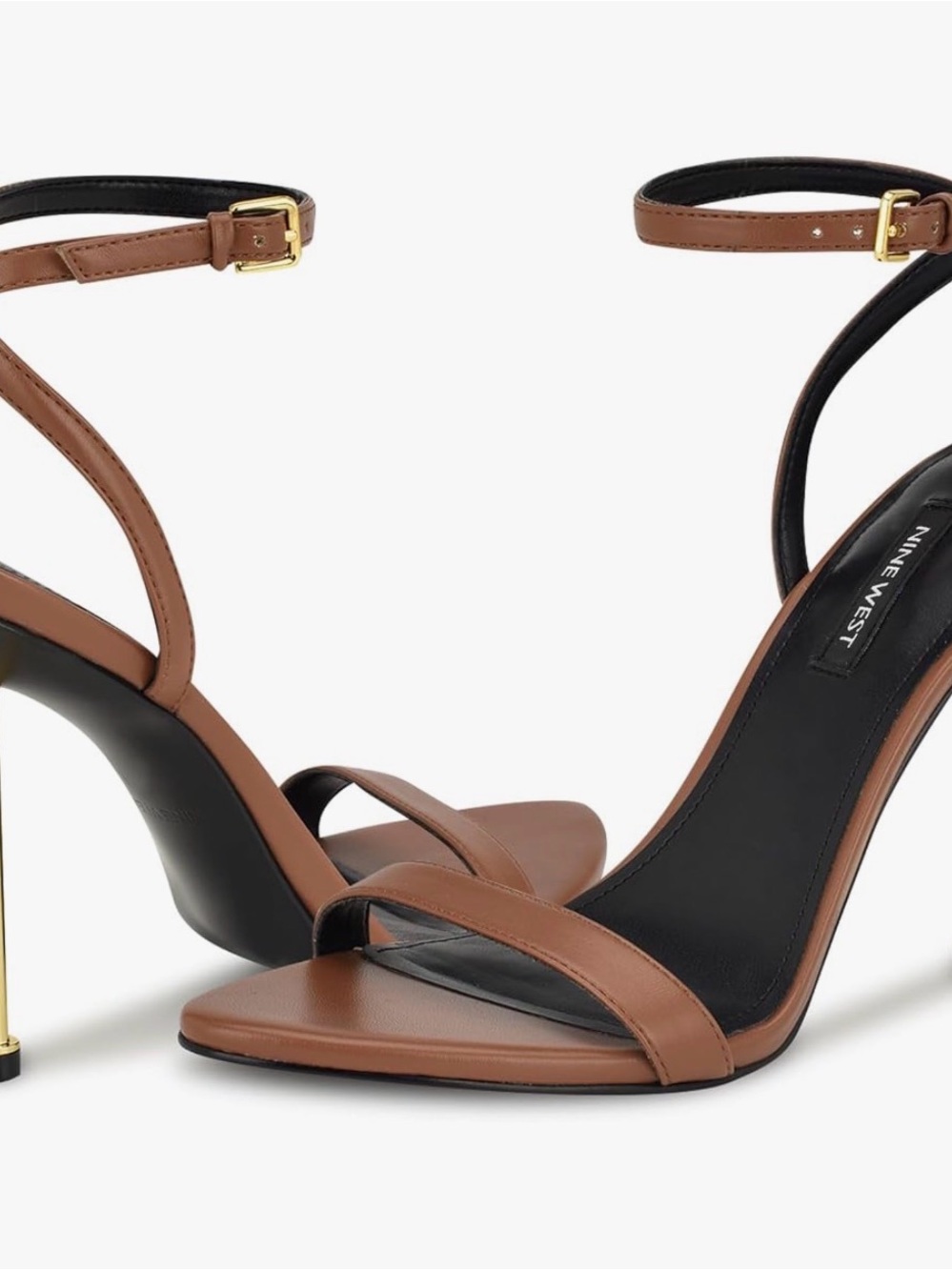 Nine West Brown Leather Strappy Heeled Sandals with Gold Heel